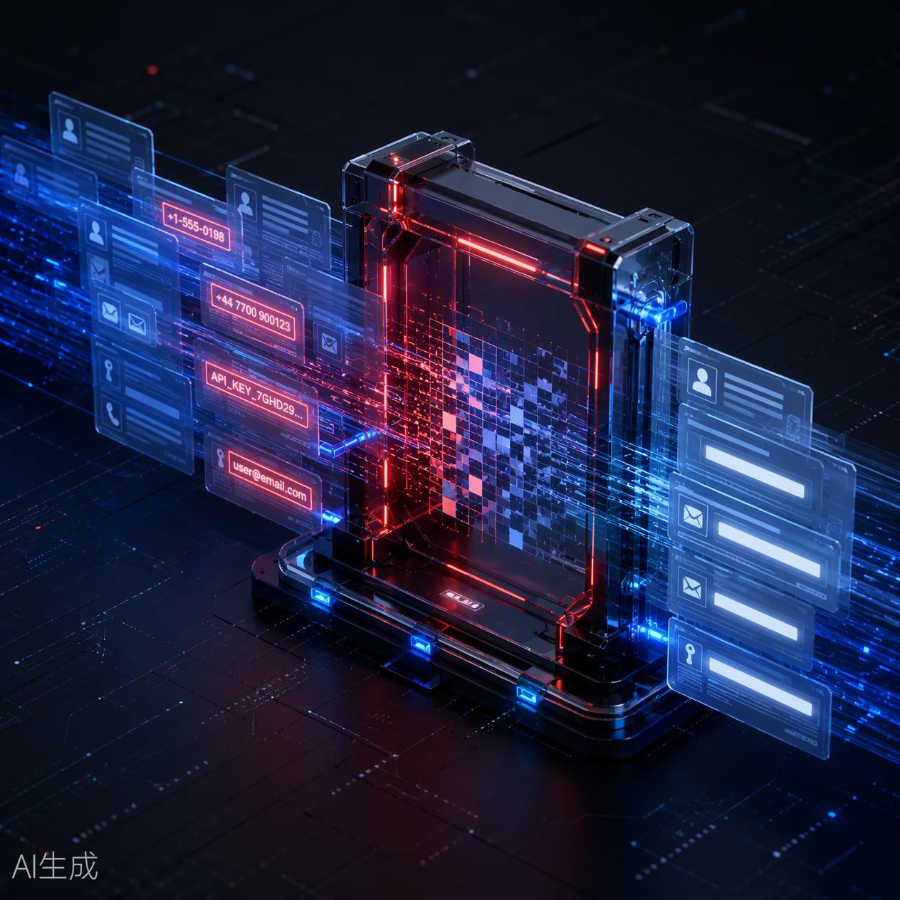 敏感信息在进入 API中转站 前被逐层脱敏的 3D 图
