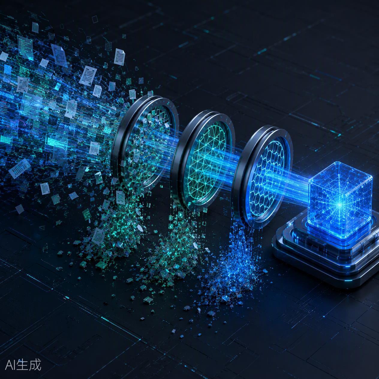 冗余输入在进入 API中转站 前被逐层压缩的 3D 图